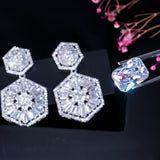 Hexagon CZ Crystal Paved Dangle Earrings for Women Wedding