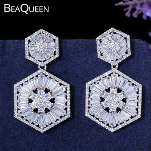 Hexagon CZ Crystal Paved Dangle Earrings for Women Wedding