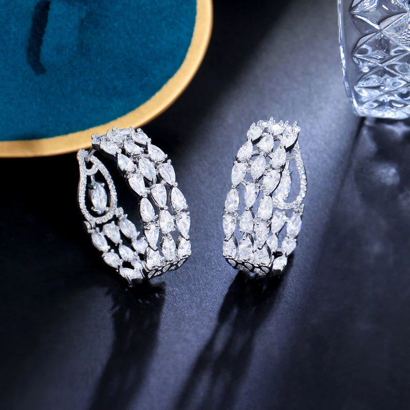 Sparkling CZ Crystal Triple Round Hoop Earrings Bridal Wedding Jewelry