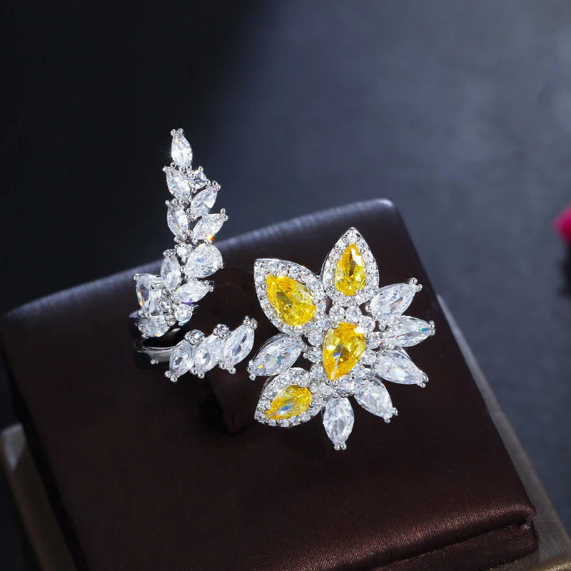 Yellow Water Droplets Flower CZ Adjustable Women Wedding Party Ring