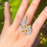 Yellow Water Droplets Flower CZ Adjustable Women Wedding Party Ring