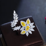 Yellow Water Droplets Flower CZ Adjustable Women Wedding Party Ring