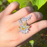 Yellow Water Droplets Flower CZ Adjustable Women Wedding Party Ring