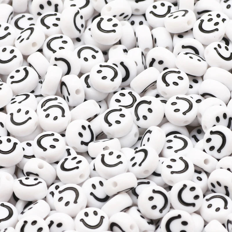 Rainbow Acrylic Beads 4x7mm 100pcs Flat Round Smiling Pattern Jewelry Making DIY