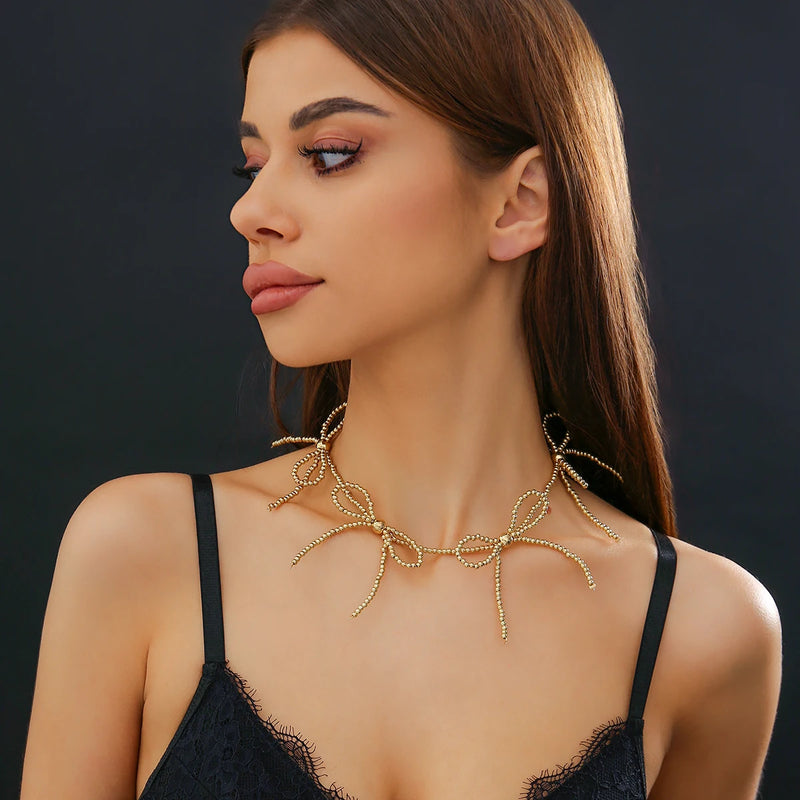 Beaded Bowknot Short Choker Necklace for Women Ladies