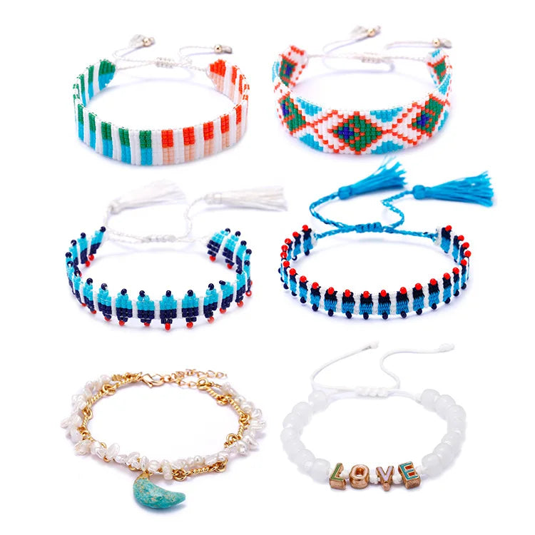 Boho Beaded Bracelet Adjustable Letter Crescent Moon Hand Knit Rice Beads