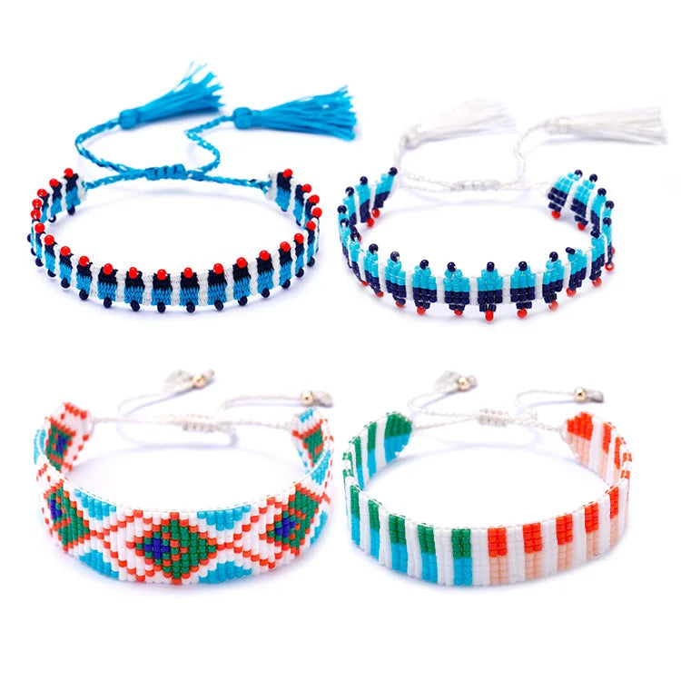 Boho Beaded Bracelet Adjustable Letter Crescent Moon Hand Knit Rice Beads