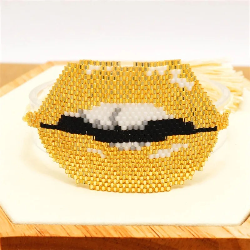 Beaded Bracelet Lips Retro Hand Woven Bohemia Adjustable Unisex Rice Ball