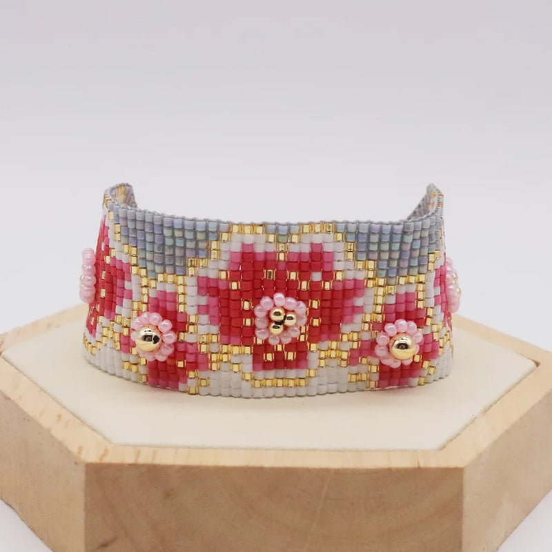 Plum Blossom Beaded Bracelet Adjustable Unisex Bohemia Handwoven