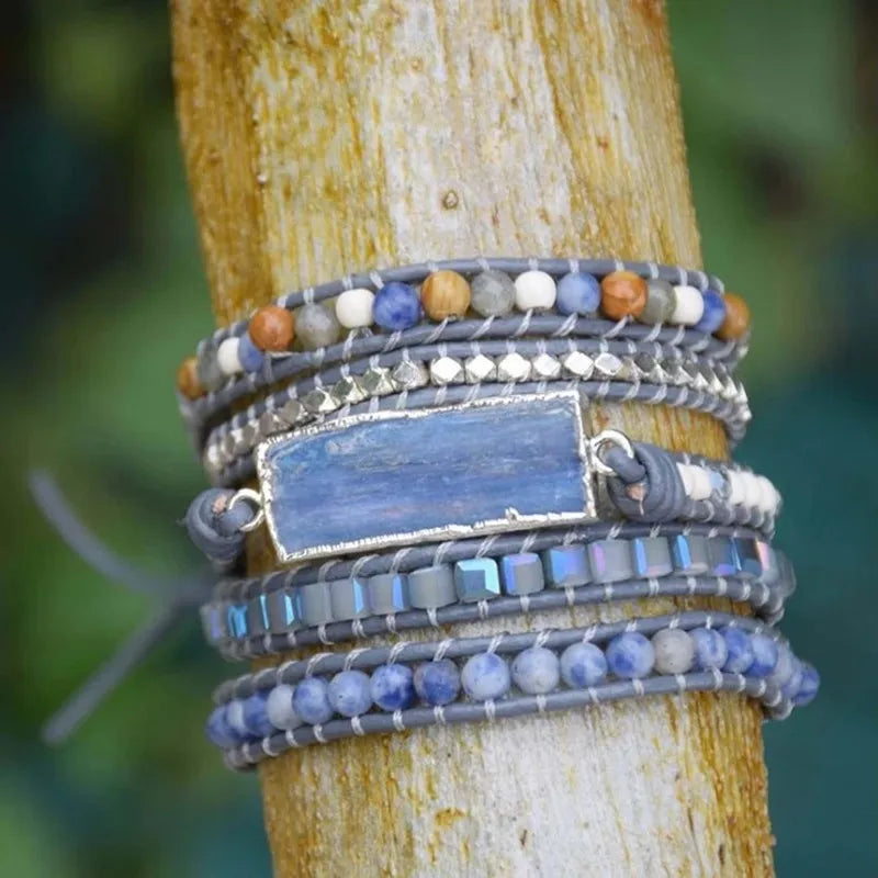 Boho Natural Stone Tibetan Beads Leather Wrap Bracelet