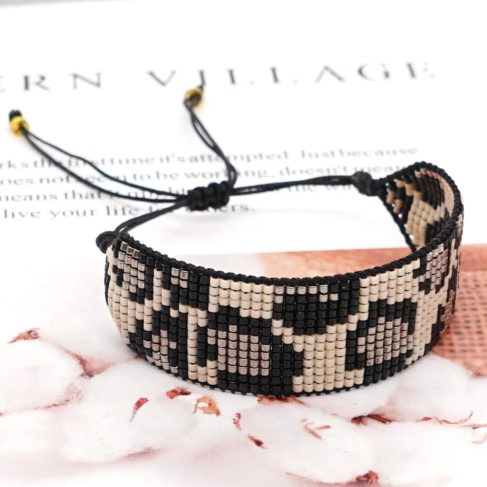 Leopard Print Beaded Bracelet Personalised Hand Knit Bohemian Adjustable