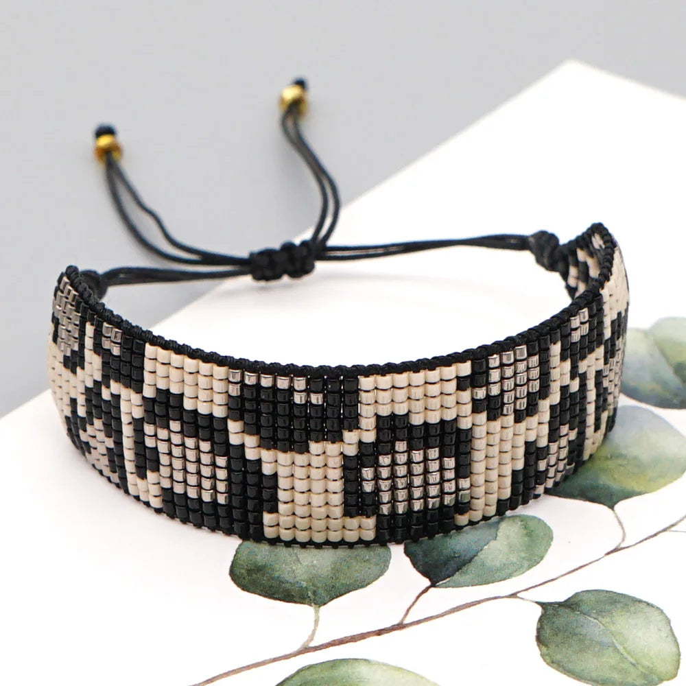 Leopard Print Beaded Bracelet Personalised Hand Knit Bohemian Adjustable