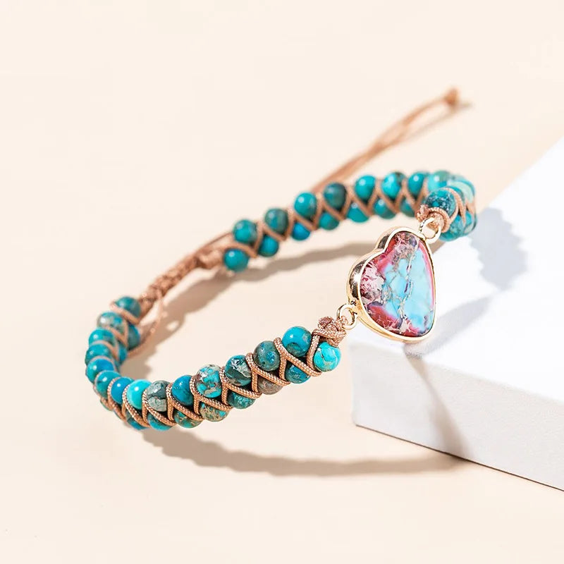 Boho Beaded Bracelet Natural Stone Heart Shape Tree of Life Hand Woven