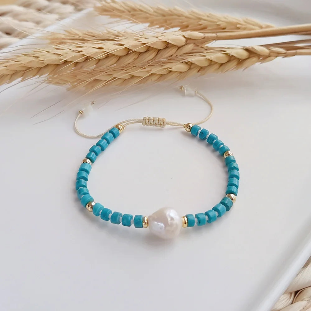 Vintage Handwoven Beaded Bracelet Turquoise Pearls