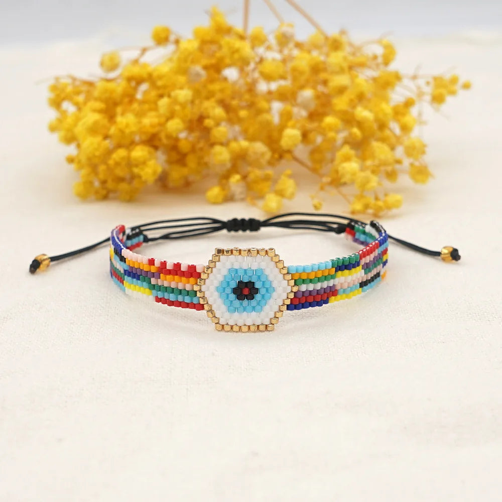 Vintage Hand knit Beaded Bracelet Striped Eyes Adjustable