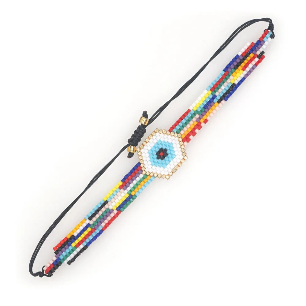 Vintage Hand knit Beaded Bracelet Striped Eyes Adjustable