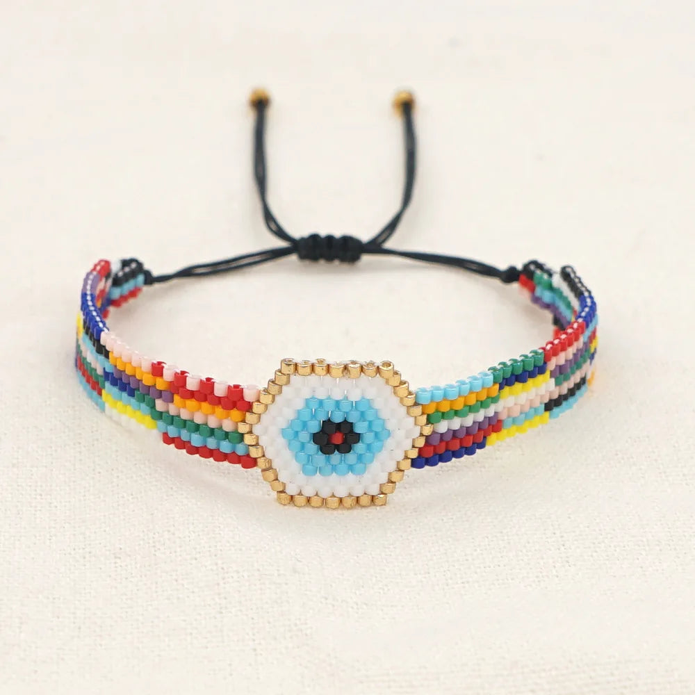 Vintage Hand knit Beaded Bracelet Striped Eyes Adjustable