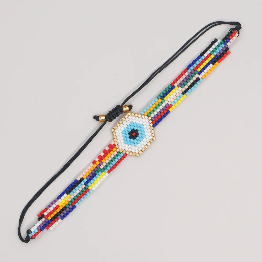 Vintage Hand knit Beaded Bracelet Striped Eyes Adjustable