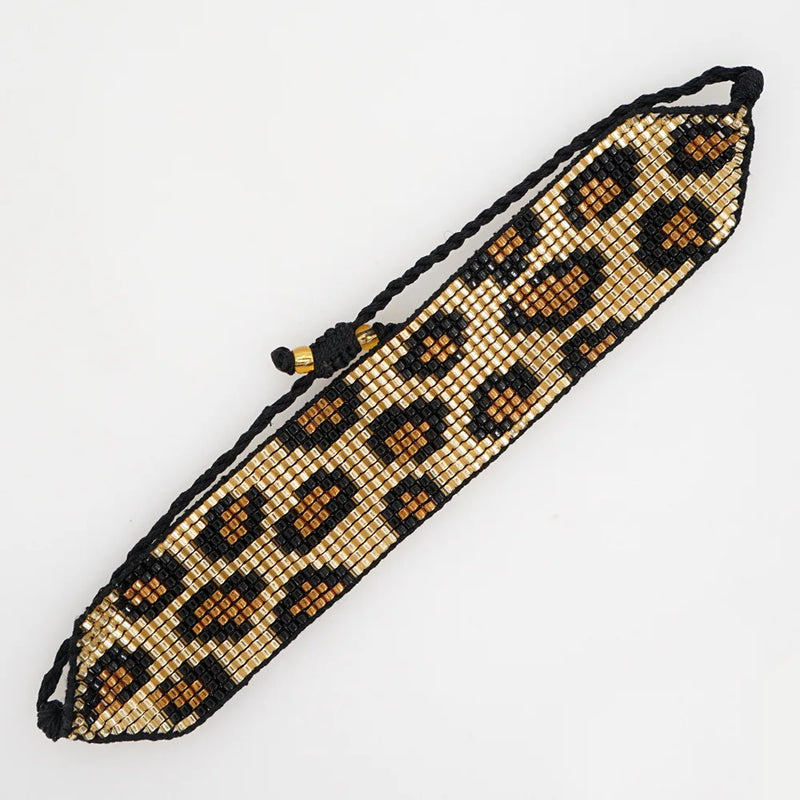 Vintage Leopard Print Beaded Bracelet Hand-Woven Adjustable Bohemian Ethnic