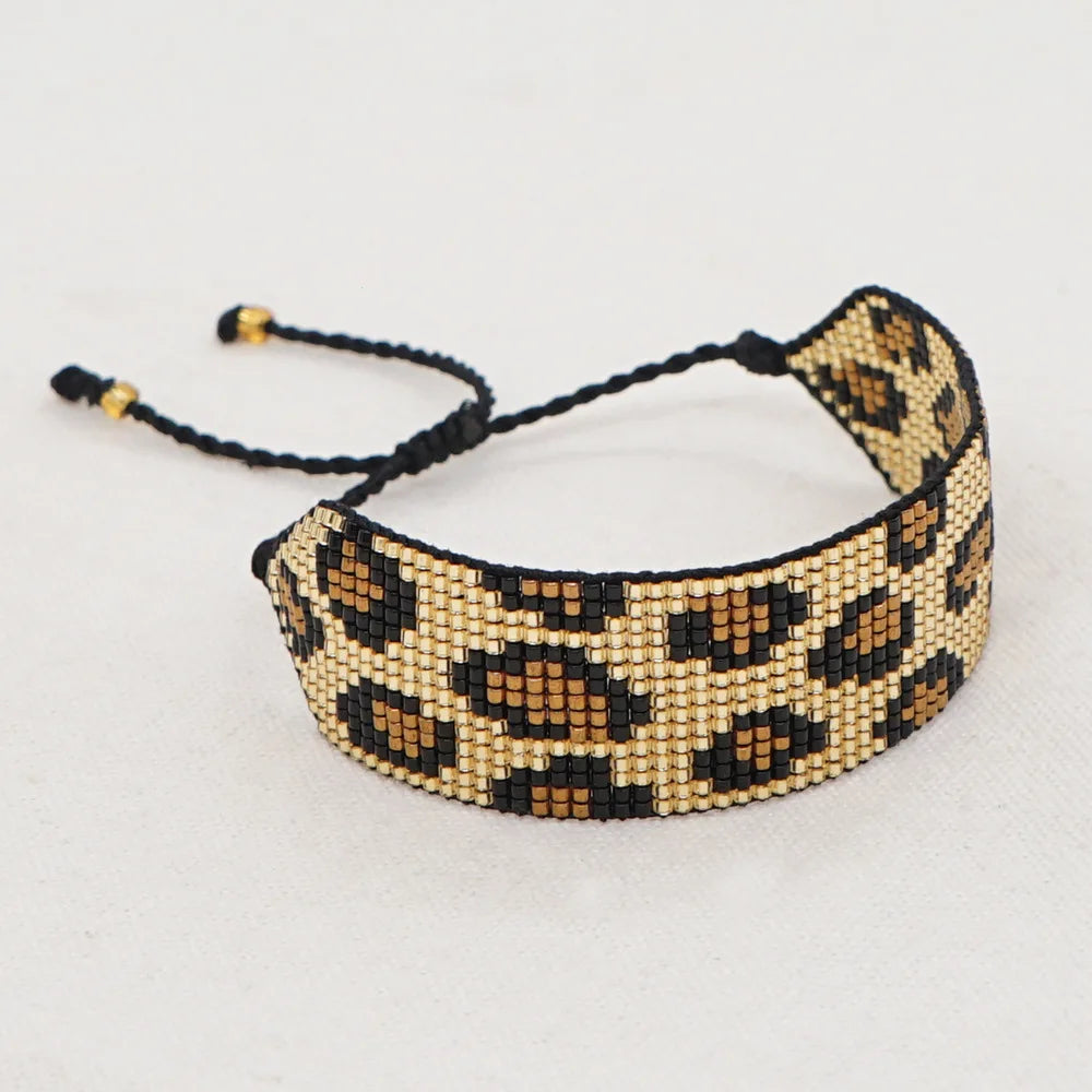 Vintage Leopard Print Beaded Bracelet Hand-Woven Adjustable Bohemian Ethnic