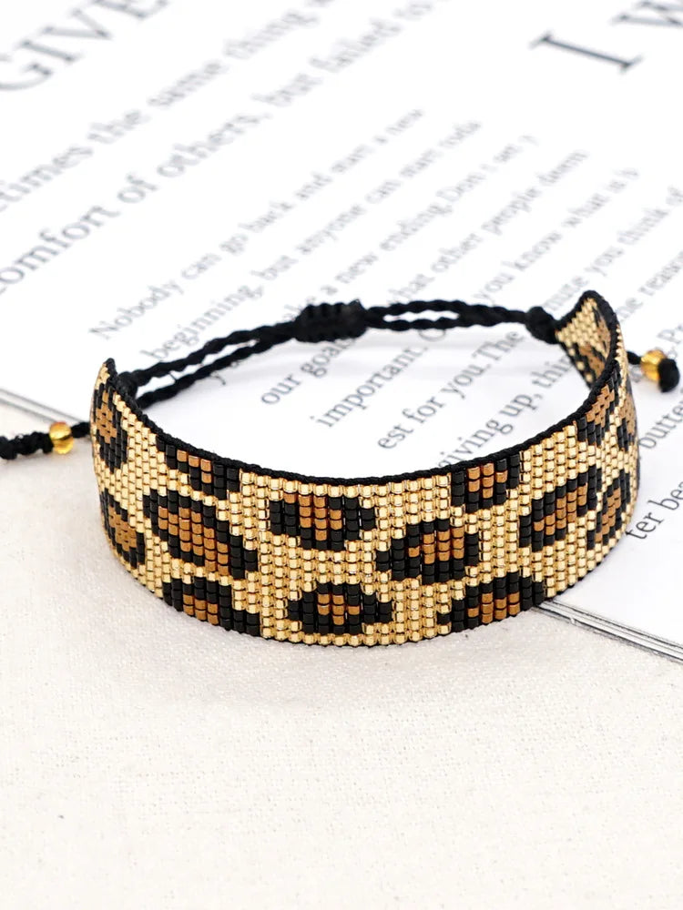 Vintage Leopard Print Beaded Bracelet Hand-Woven Adjustable Bohemian Ethnic