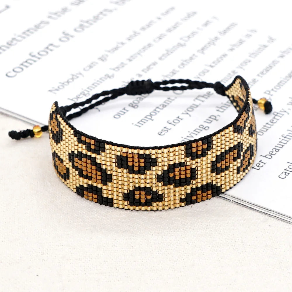 Vintage Leopard Print Beaded Bracelet Hand-Woven Adjustable Bohemian Ethnic