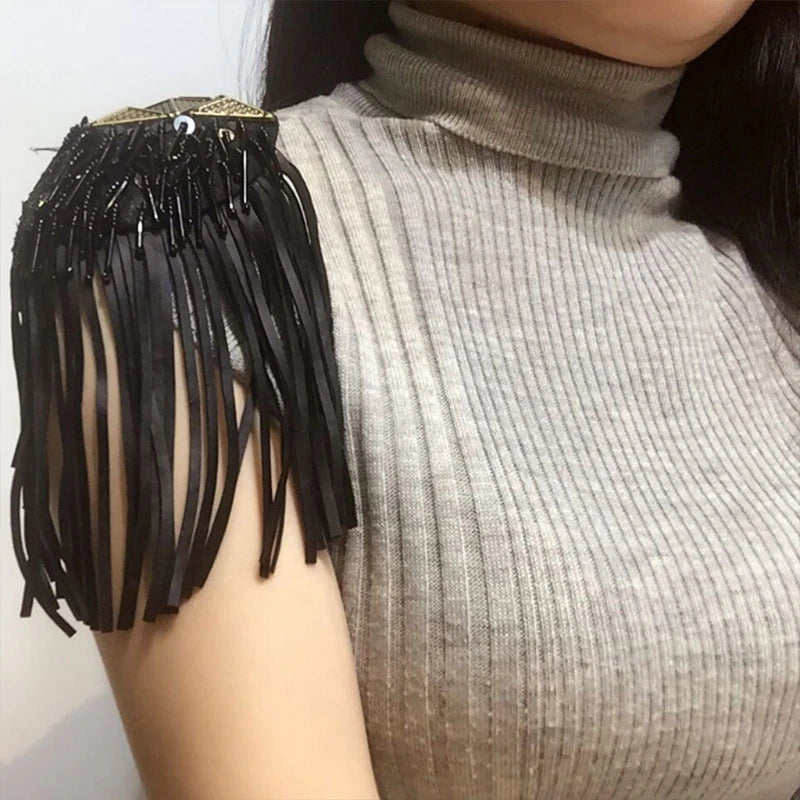 Beaded Blazer Epaulet Leather Fringe Tassel Holder Epaulette Spikes Brooch