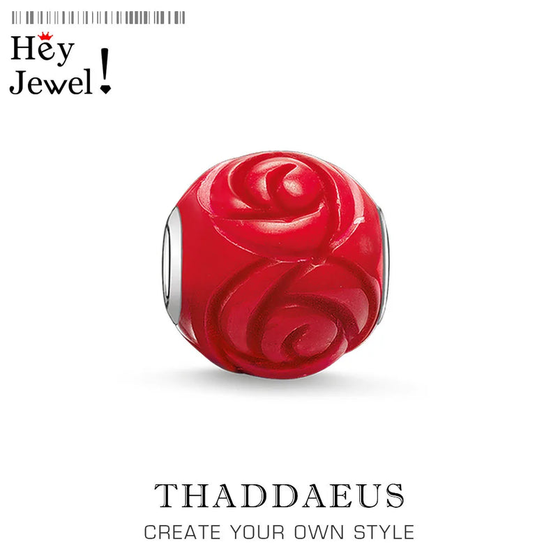 Red Enamel Rose Bead Charm, Lucky Europe Bracelet Jewelry