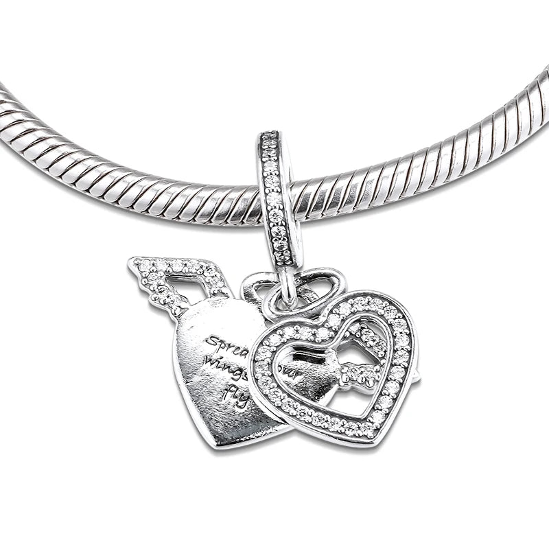 925 Sterling Silver Heart & Angel Wings Charms Beads for Necklaces Bracelets