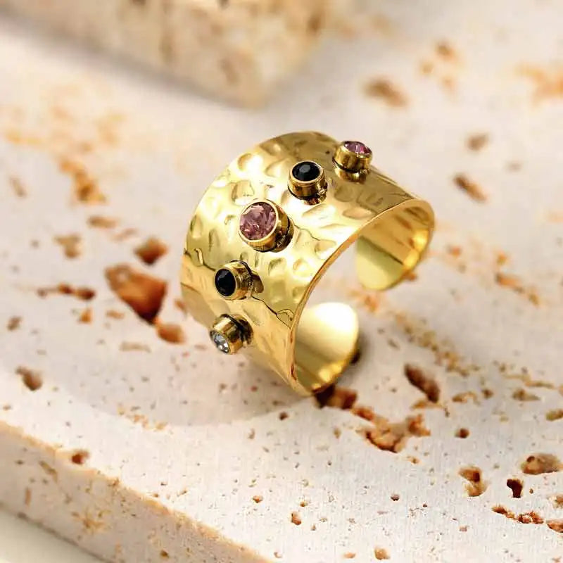 Textured Colored Stone Stainless Steel Rings for Women