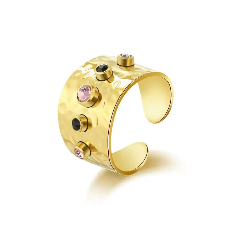 Textured Colored Stone Stainless Steel Rings for Women