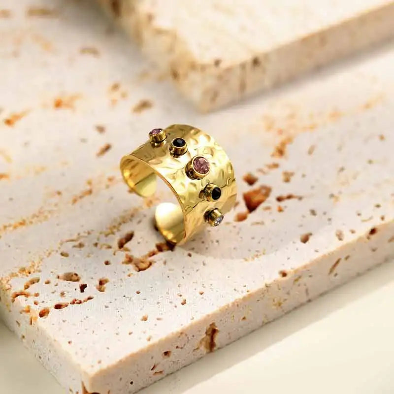 Textured Colored Stone Stainless Steel Rings for Women