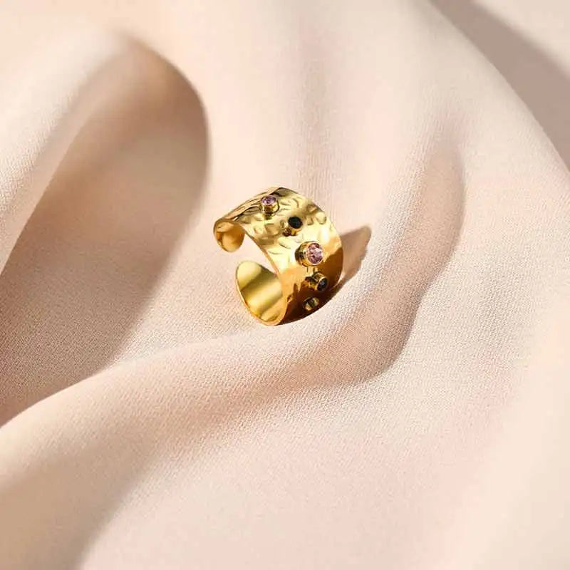 Textured Colored Stone Stainless Steel Rings for Women