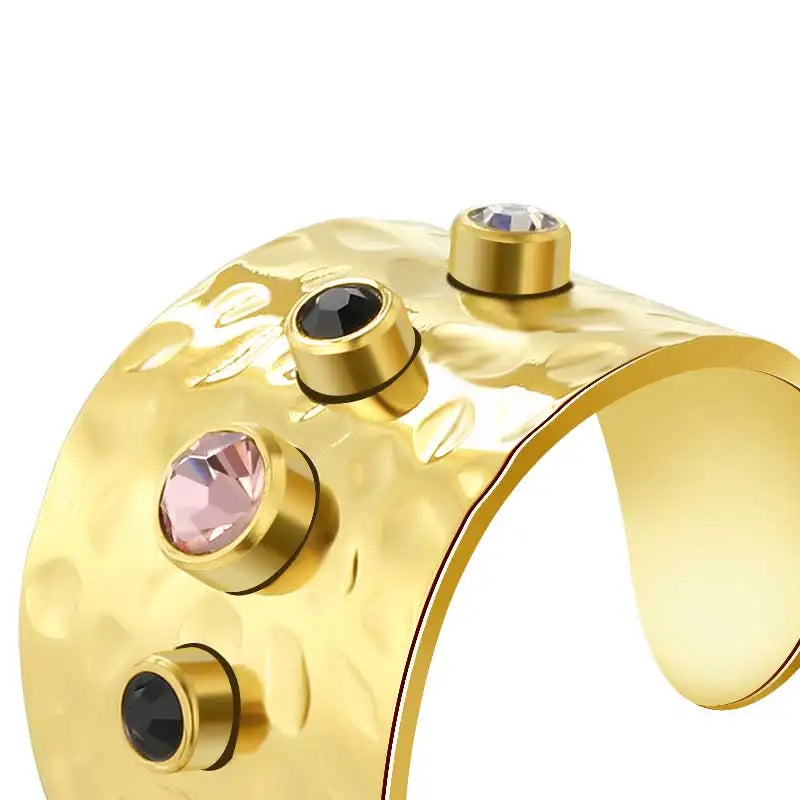 Textured Colored Stone Stainless Steel Rings for Women