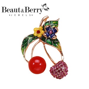 Beaut&Berry Pearl Rhinestone Cherry Brooch Fruit Jewelry Gift
