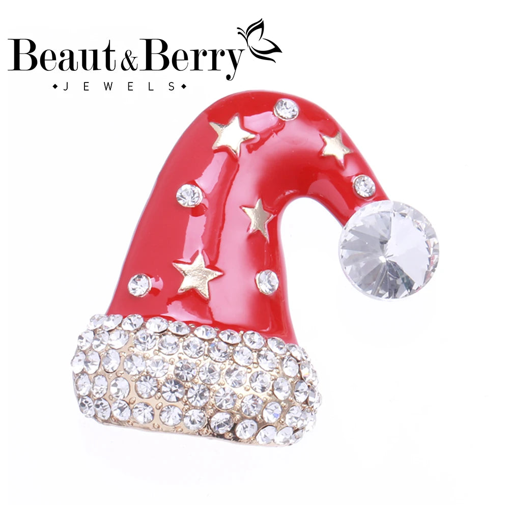 Beaut&Berry Vintage Rhinestone Christmas Hat Brooches Red Cap Year Brooch Pin