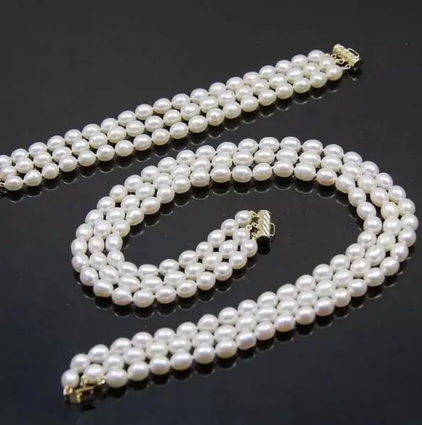 3 Rows Freshwater Oval Pearl Necklace Bracelet