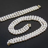 3 Rows Freshwater Oval Pearl Necklace Bracelet
