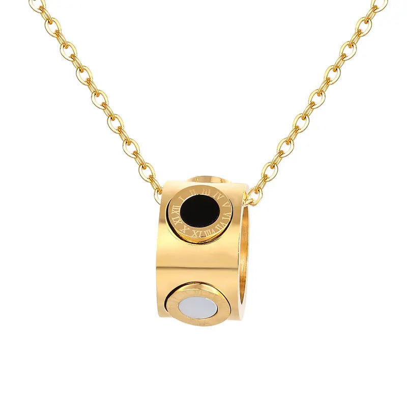 Roman Numeral Circle Shell Pendant Necklace Women Stainless Steel