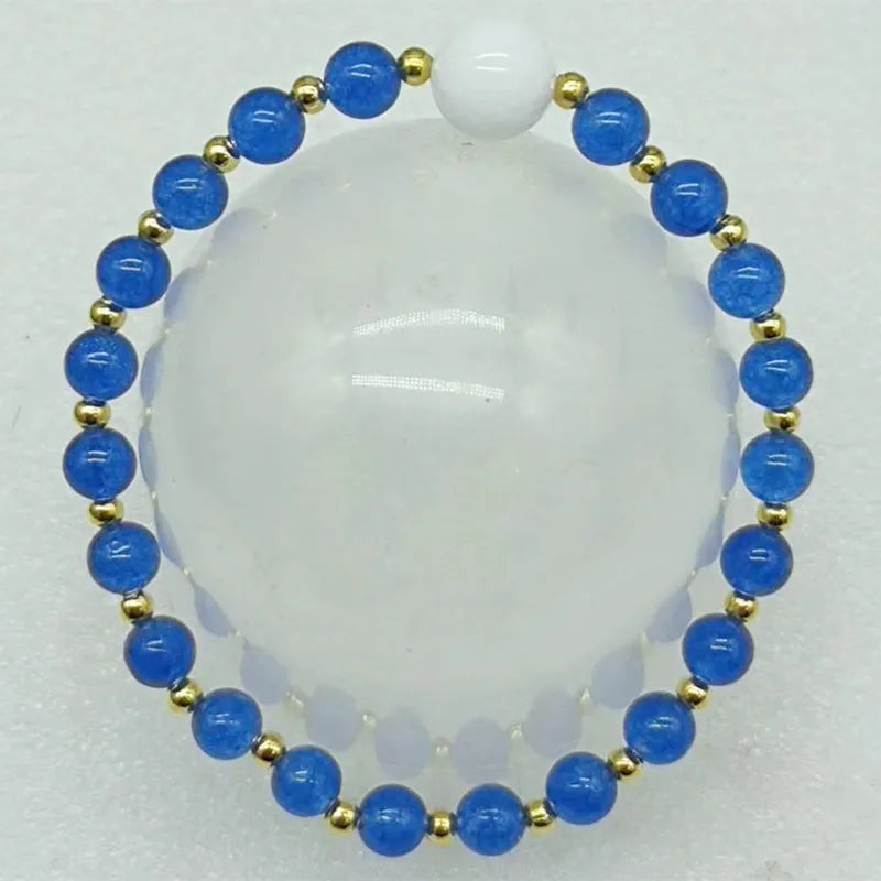 6mm Sapphire & 10mm Jade Round Beads Stretch Bracelet 7.5 Inch