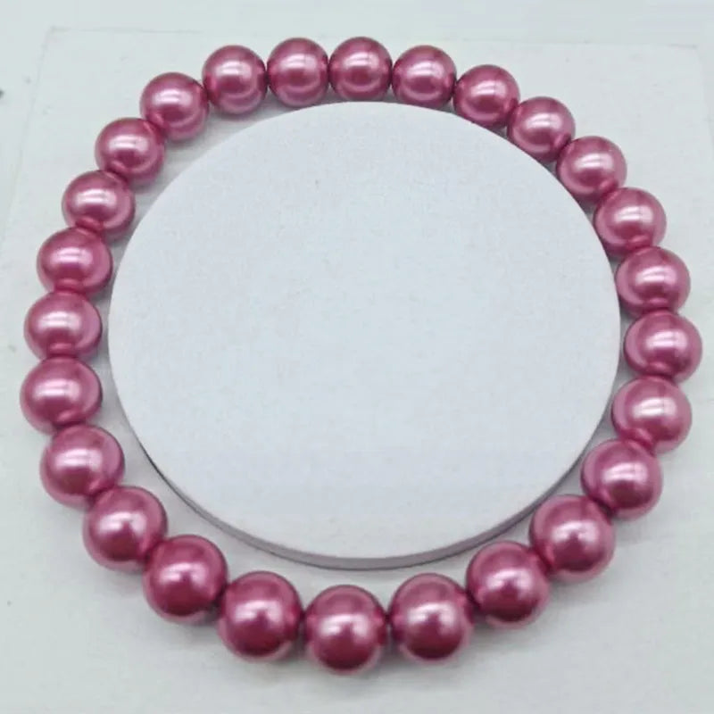 8mm Red Shell Pearl Beads Stretch Bracelet 7.5 Inch