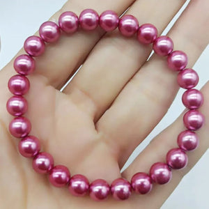8mm Red Shell Pearl Beads Stretch Bracelet 7.5 Inch