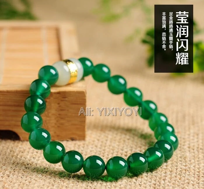 Green Agate + HeTian Jade Beads Link Bracelet Elastic Strand Bracelets