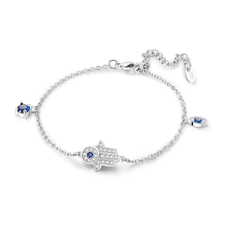 925 Sterling Silver Pav Fatima Hand&Eyes Bracelet