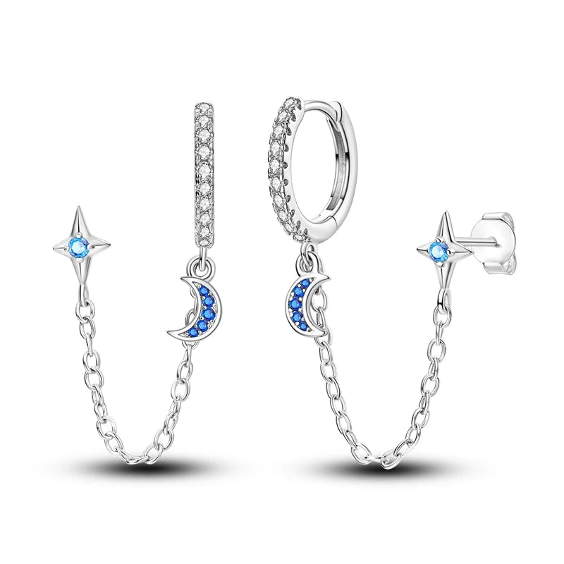 925 Silver Starry Moon Tassel Double Layer Earrings for Wedding
