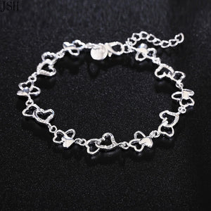 925 Silver Bracelet Women HEART Crystal Chain Wedding Lady Jewelry