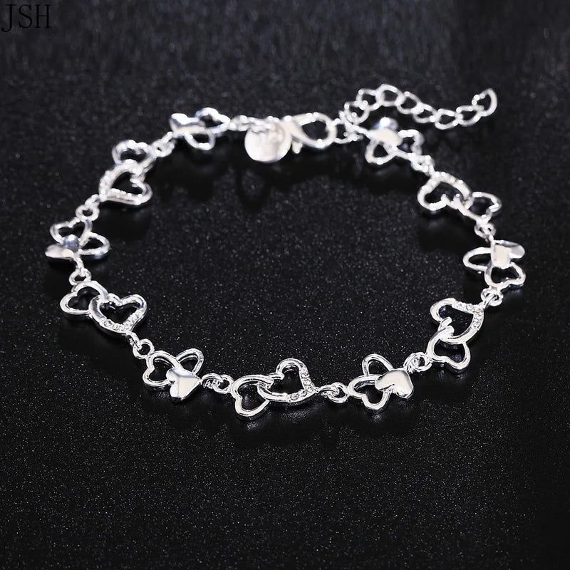 925 Silver Bracelet Women HEART Crystal Chain Wedding Lady Jewelry