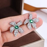 925 Silver Green Zircon Flower Earrings Party Jewelry