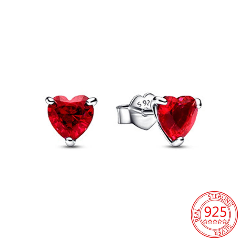 925 Silver Red Crystal Heart Stud Earrings Birthday Gift