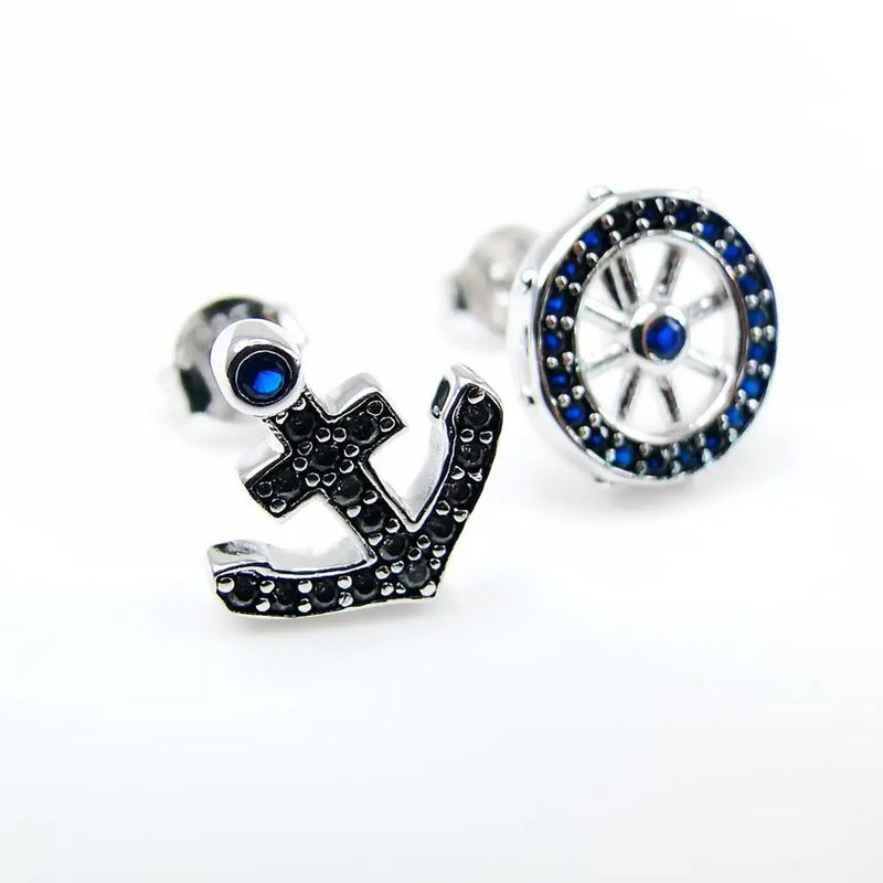 925 Silver Sapphire CZ & CZ Anchor Women's Stud Earrings